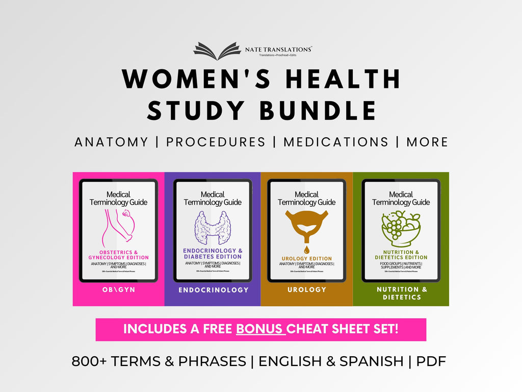 Women’s Health Study Guide Bundle: OB-GYN, Endocrinology & Diabetes, Urology and Nutrition Medical Terminology Guides in English Spanish