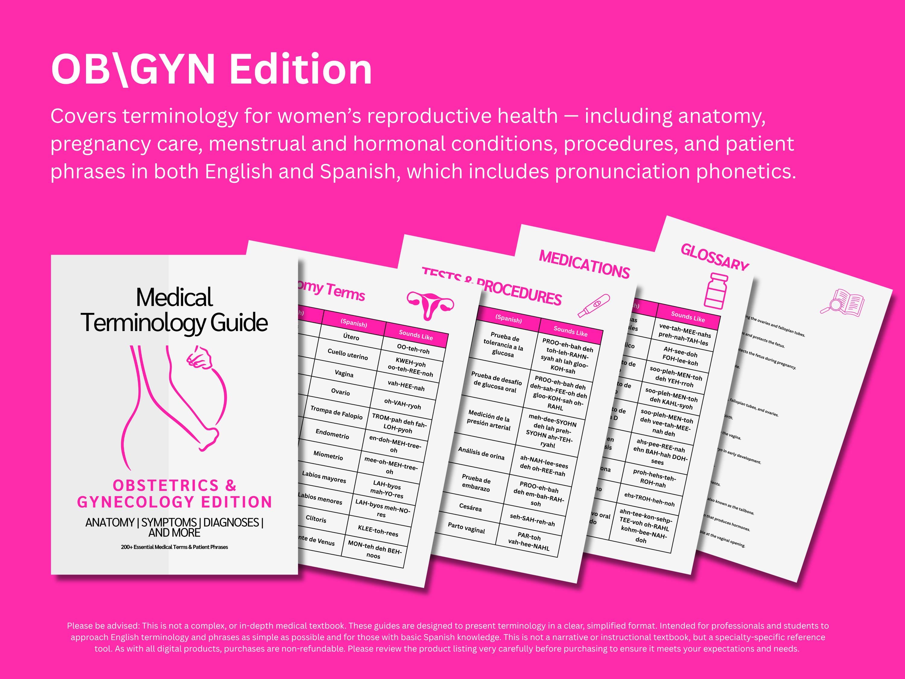 Women’s Health Study Guide Bundle: OB-GYN, Endocrinology & Diabetes, Urology and Nutrition Medical Terminology Guides in English Spanish